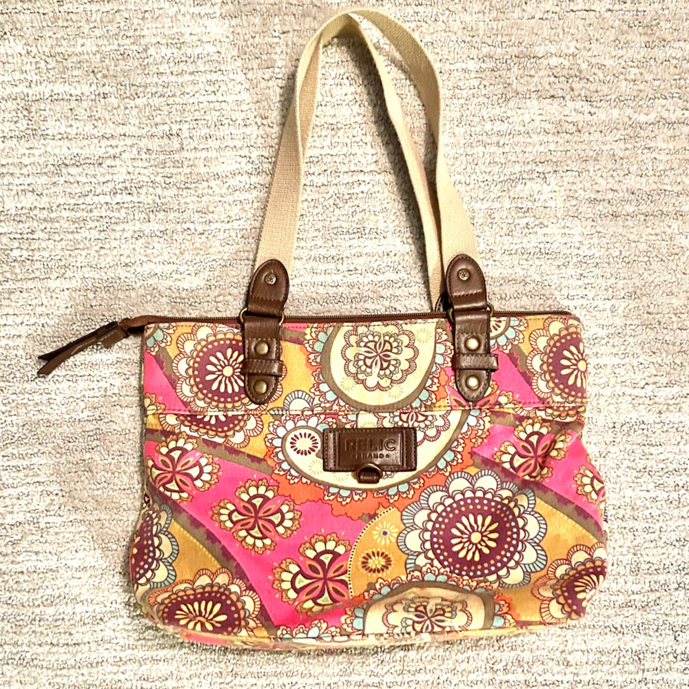 Relic Canvas Paisley & Floral Boho Shoulder Bag Purse with Full Zip Closure EUC
